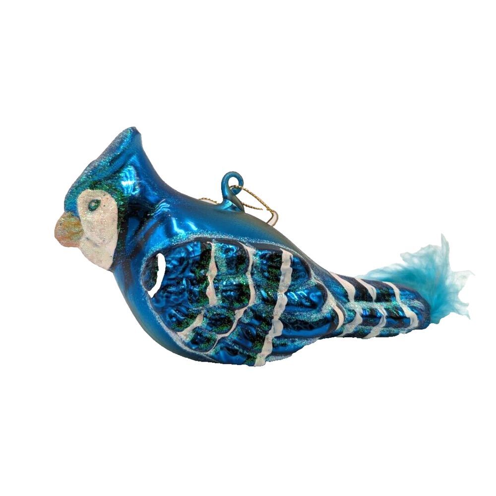 Blue‎ Bird Ornament w/Feathers Blown Glass Decorative